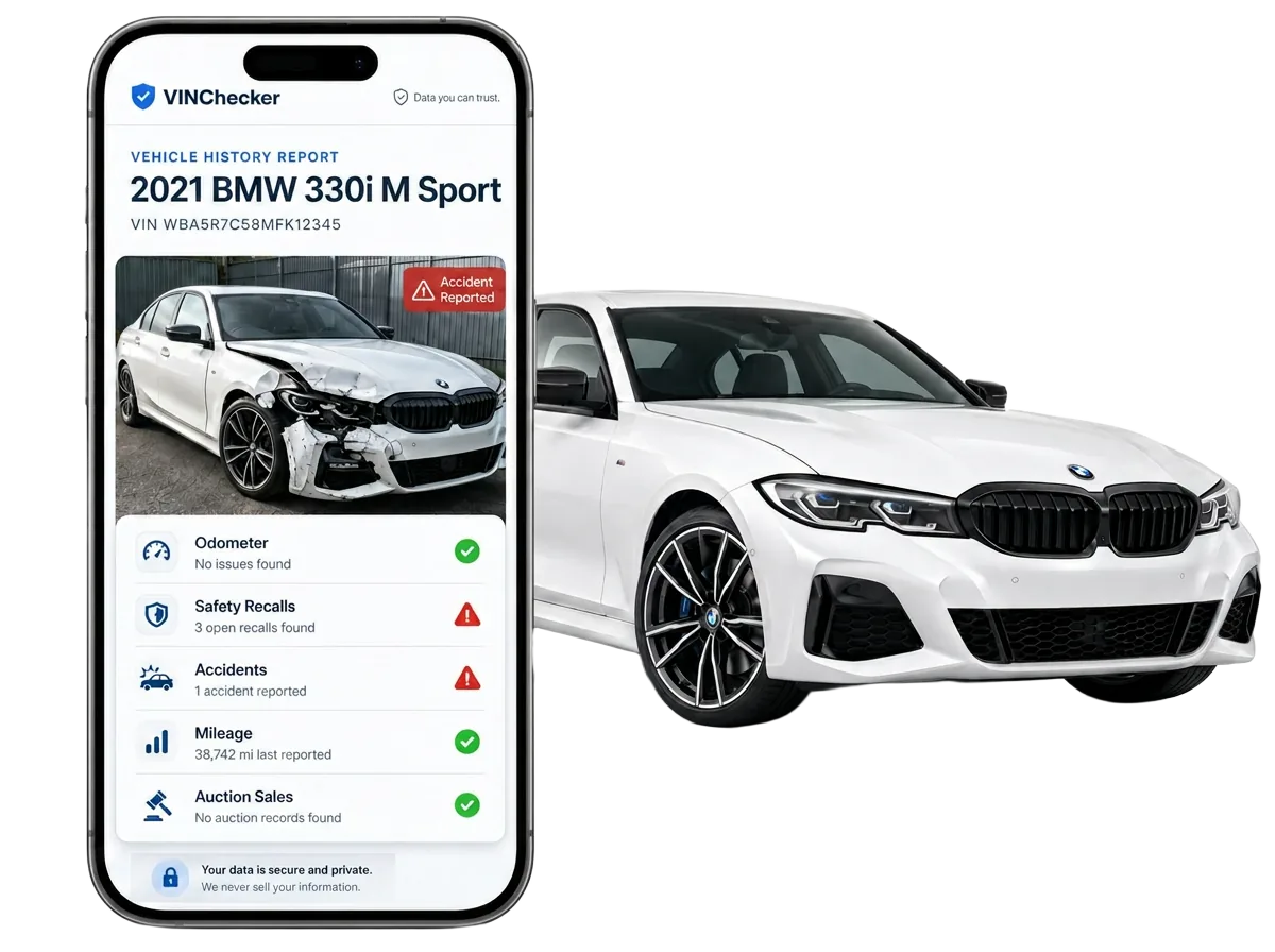 VIN Checker vehicle history report preview on iPhone next to a BMW