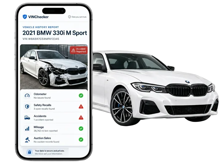 VIN Checker vehicle history report preview on iPhone next to a BMW
