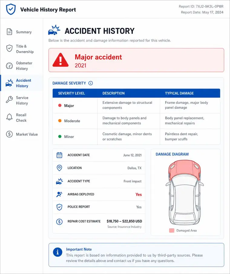 Sample vehicle history report page showing accident history with damage severity and repair cost